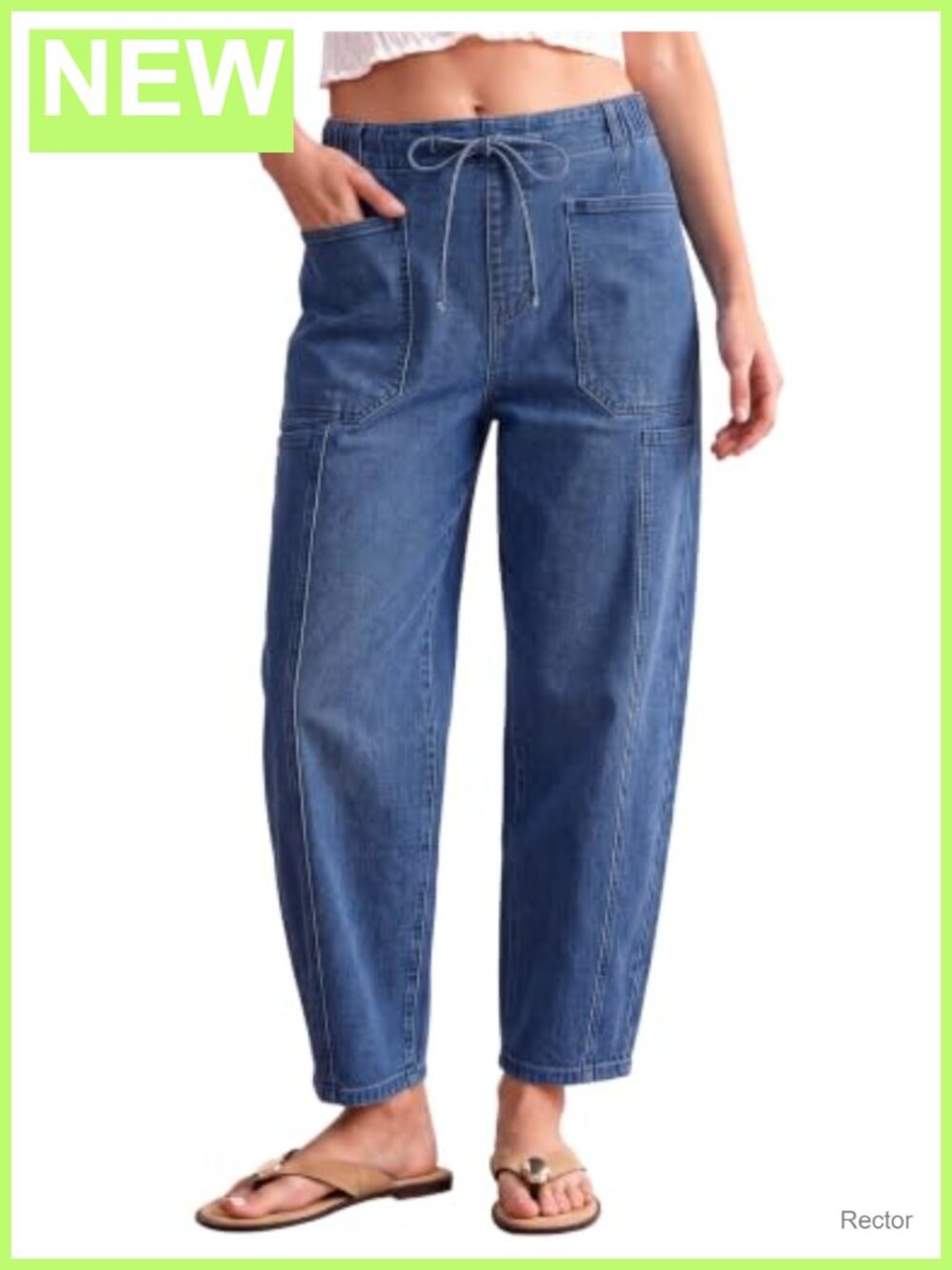 Barrel Jeans High Waisted Drawstring Elastic Waist Stretchy Cropped Denim